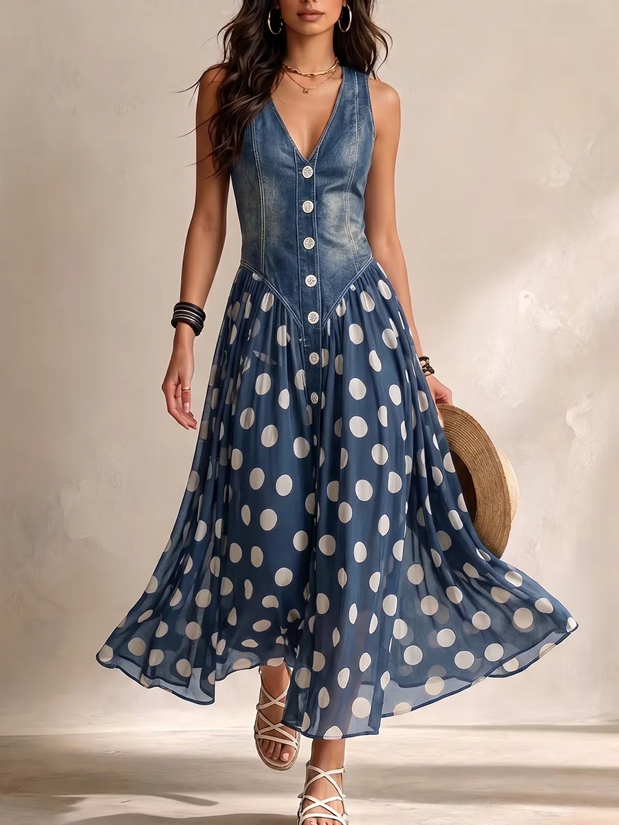 Beatrice | Abito Jeans Chic con Gonna in Chiffon a Pois