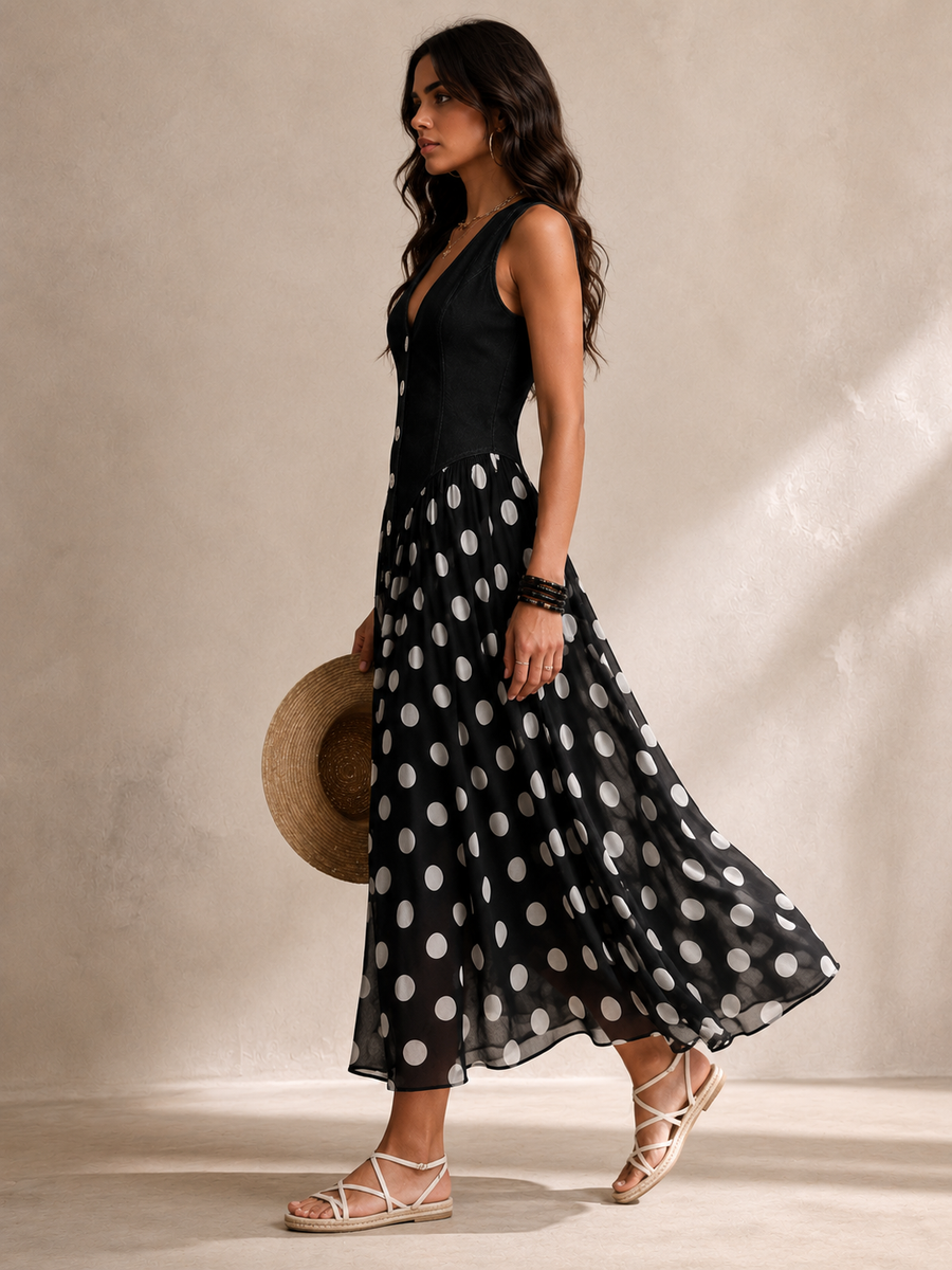 Beatrice | Abito Jeans Chic con Gonna in Chiffon a Pois