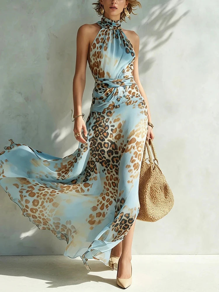 Abito estivo casual da donna con spacco, stampa leopardata, abito maxi in chiffon off-shoulder, sexy abito a trapezio senza schiena con vita alta, vestito da vacanza