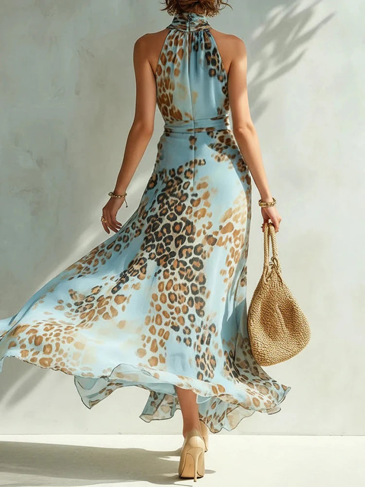 Abito estivo casual da donna con spacco, stampa leopardata, abito maxi in chiffon off-shoulder, sexy abito a trapezio senza schiena con vita alta, vestito da vacanza